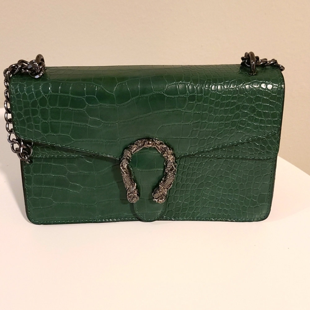 Green, croc-embossed handbag